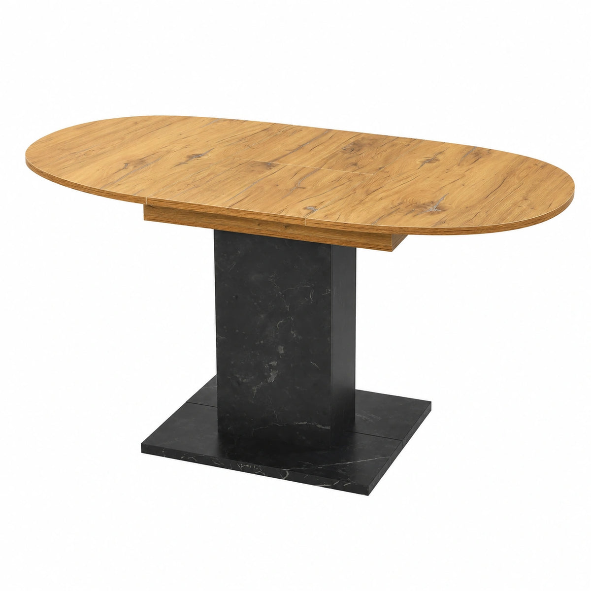 Eleganter Ausziehbarer Esstisch – Rund zu Oval – 100 bis 140 cm – Eiche und Schwarz Marmor Design für 4-6 Personen
