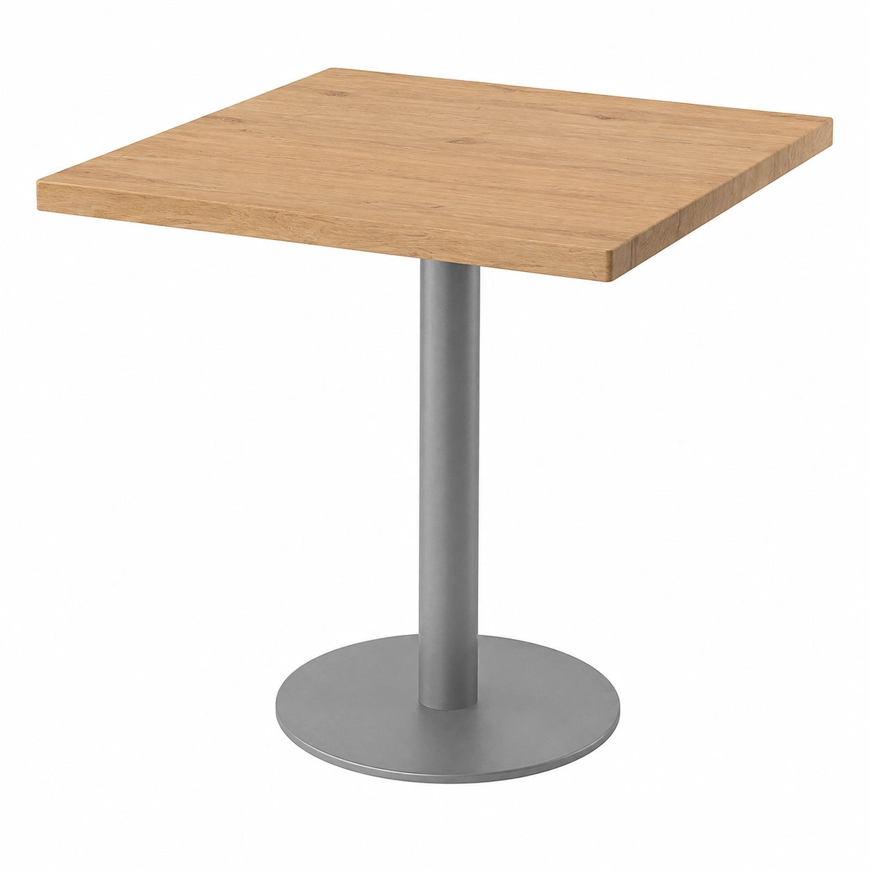 Moderner Bistrotisch aus Eichenholz mit Rundmetallsäule, 70x70 cm