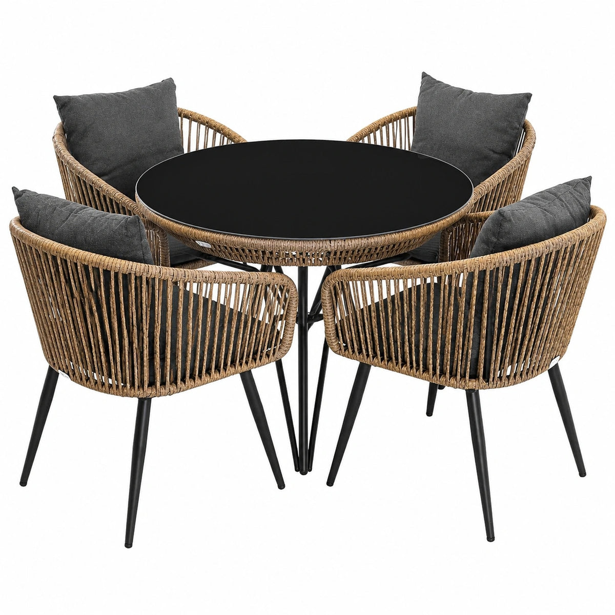 Di Volio Polyrattan Gartenmöbel Set RIETI - Outdoor Essgruppe mit Glastisch und Stühlen, wetterfest, Braun/Grau, 4 Personen