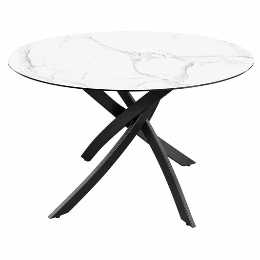 Runder Esstisch Alpine - 120 cm - Weißer Keramik & Schwarzes Metall für 6 Personen