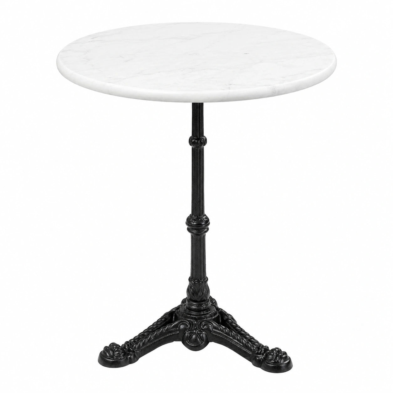Runder Bistrotisch im Vintage-Stil aus Marmor mit schwarzem Stahlfuß, 60cm, für Balkon und Garten