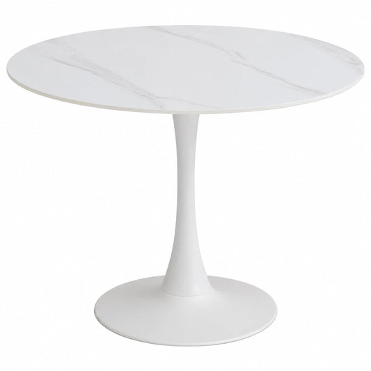 Runder Esstisch in Marmor-Optik, Weiß, mit Metallgestell – Eleganter Tisch für Küche und Esszimmer, 90 x 75 x 90 cm