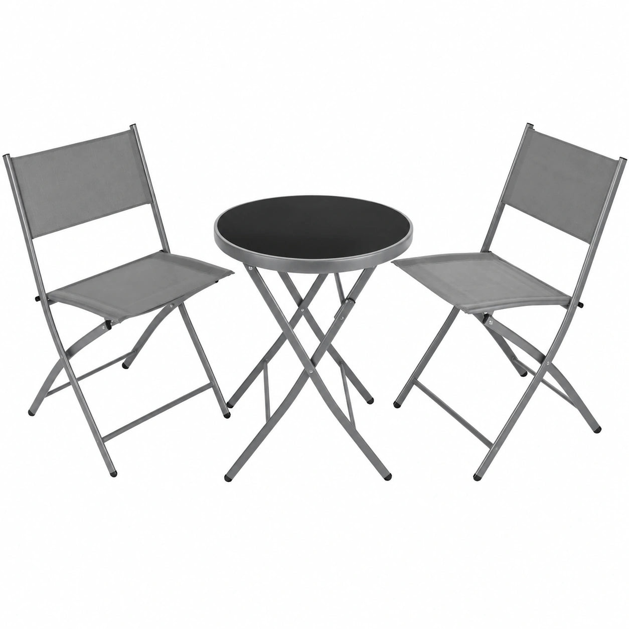 Kompaktes Bistroset: Runder Klapptisch & 2 Stühle, Wetterfeste Outdoor-Möbel für Balkon und Garten - Grau