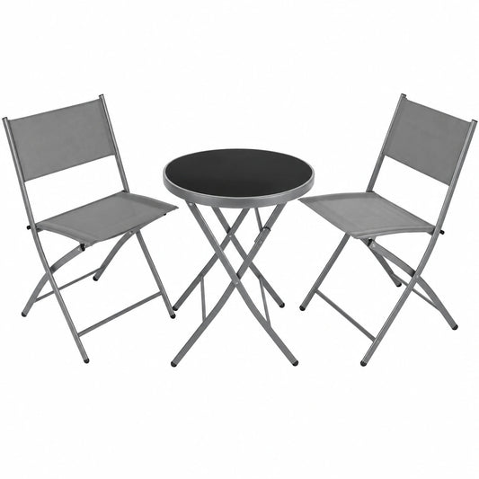 Kompaktes Bistroset: Runder Klapptisch & 2 Stühle, Wetterfeste Outdoor-Möbel für Balkon und Garten - Grau