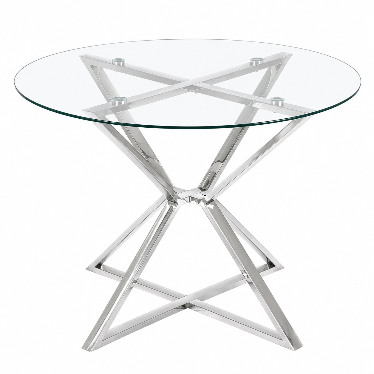 Runder Esstisch aus gehärtetem Glas mit silbernen Metallbeinen, Ø 105 cm - Bosco