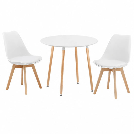 Moderner Runder Esstisch 90cm mit 2 Stühlen, Essgruppe für Küche und Wohnzimmer, Weiß