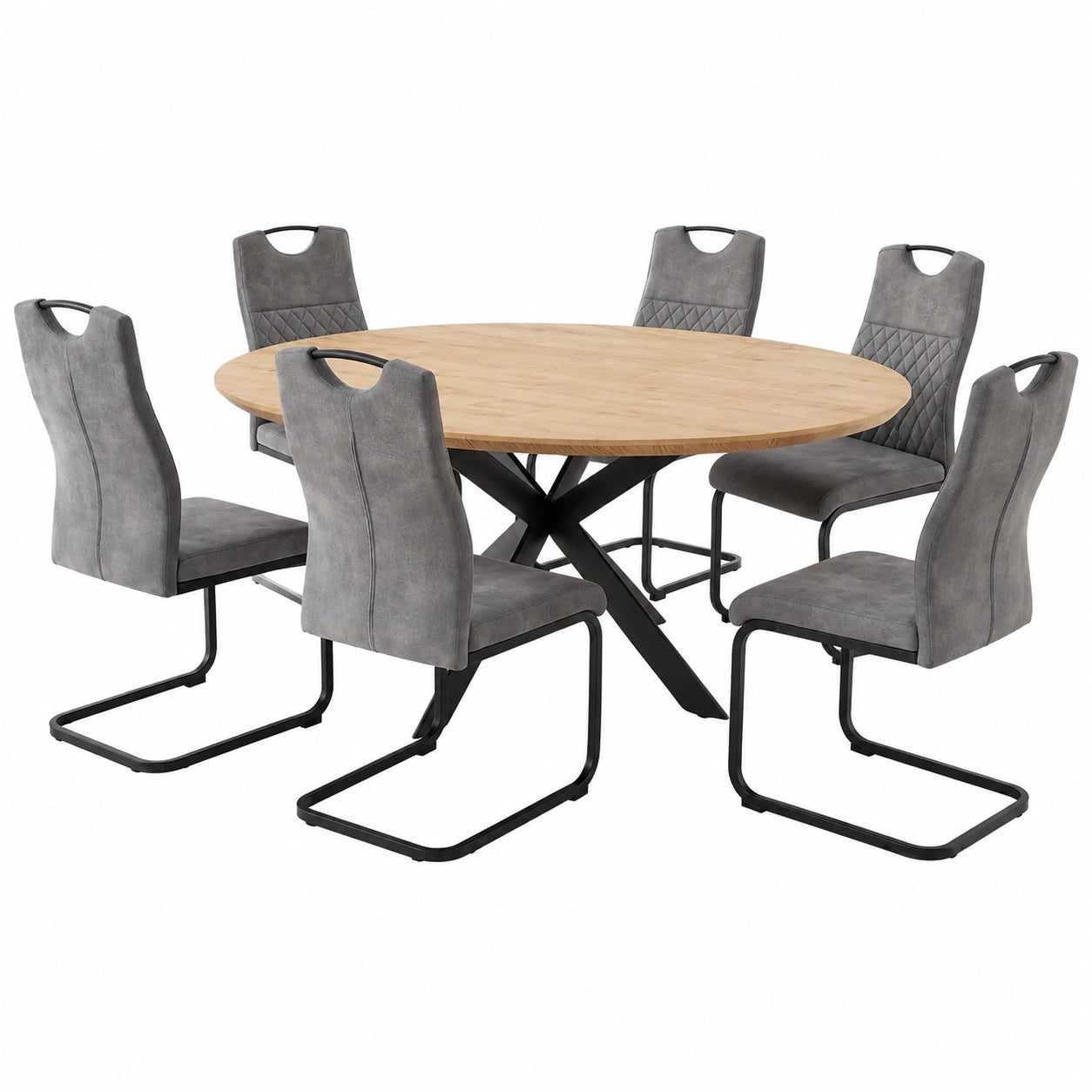 JIEXI Ausziehbarer Esstisch rund, 110-150 cm, Dunkles Holz, Metallbeine, inkl. 6 graue Stühle