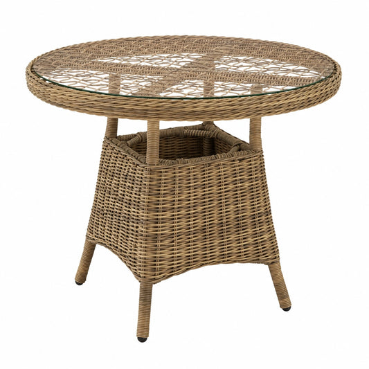 Runder wetterfester Polyrattan-Gartentisch aus Aluminium mit Glasplatte, Ø 91 x 73,5 cm, für Terrasse und Balkon
