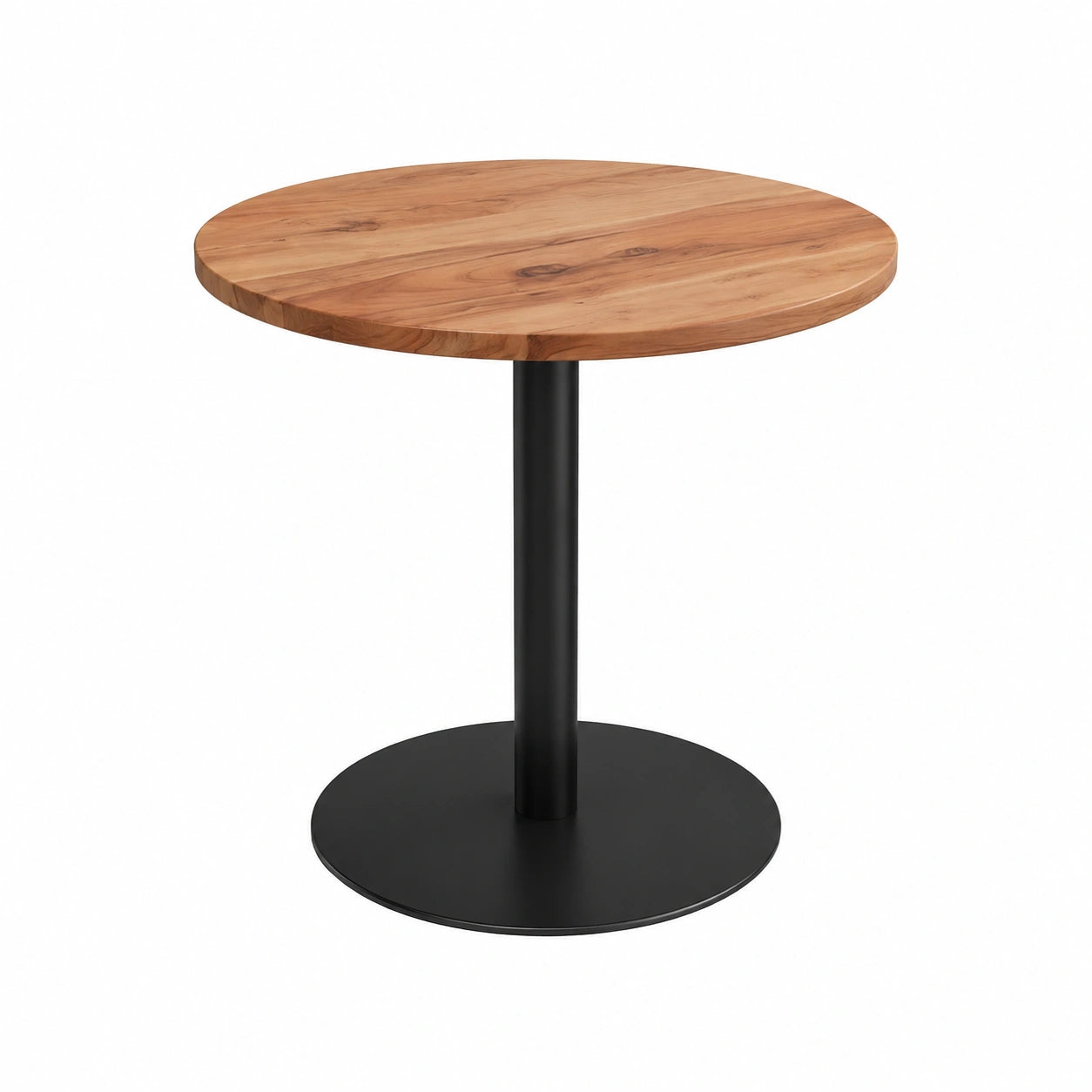 Runder Bistrotisch Emilio aus Akazienholz, 80 cm, Natur, mit schwarzem Metallfuß