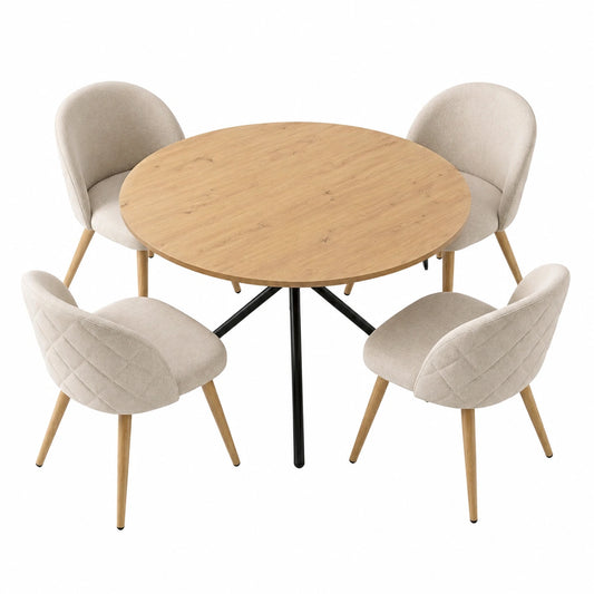 Rundes Esstisch-Set mit 4 gepolsterten Stühlen, Stoff Beige, Eichenoptik