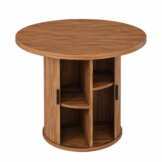 Moderner Runder Esstisch 80cm mit Schiebetür und Stauraum, Holz Esstisch für 2-4 Personen, Walnuss-Optik, Ideal für Küche und Wohnzimmer