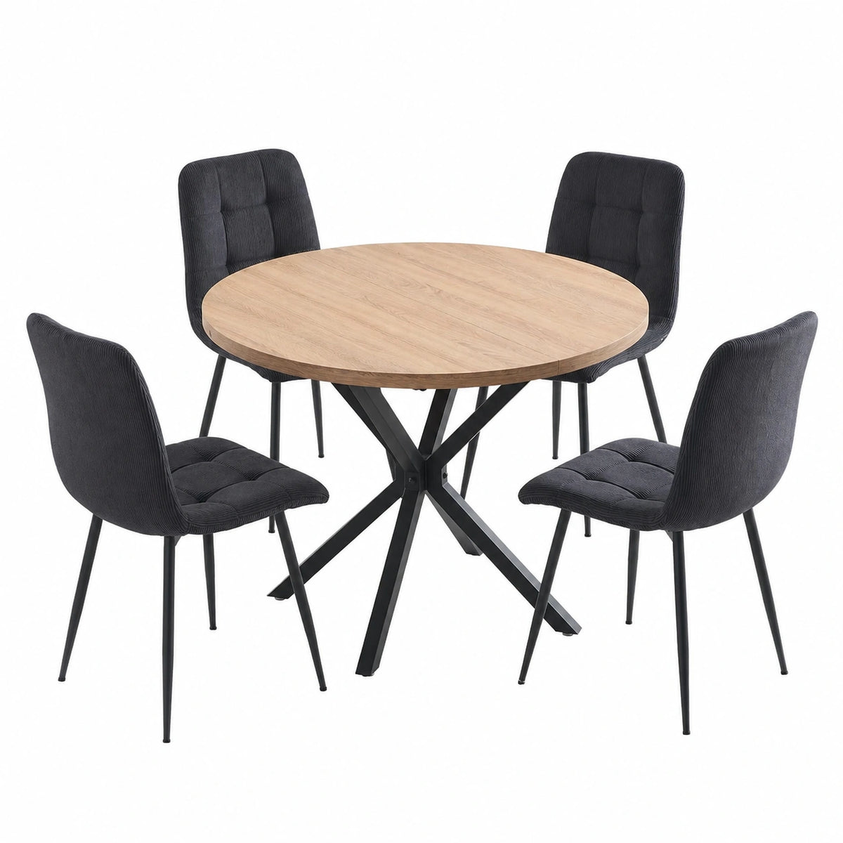 5-teilige Essgruppe mit rundem 100cm Tisch und 4 Stühlen aus Cord, ideal für Küche, Wohnzimmer, Balkon, Restaurant und Büro in heller Holzfarbe und Schwarz