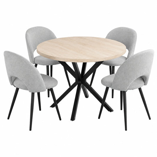 Runder 100cm Esstisch in Travertin-Optik mit 4 Samtstühlen, ideal für Küche, Esszimmer, Wohnzimmer und Büro, Set in Gelb und Grau