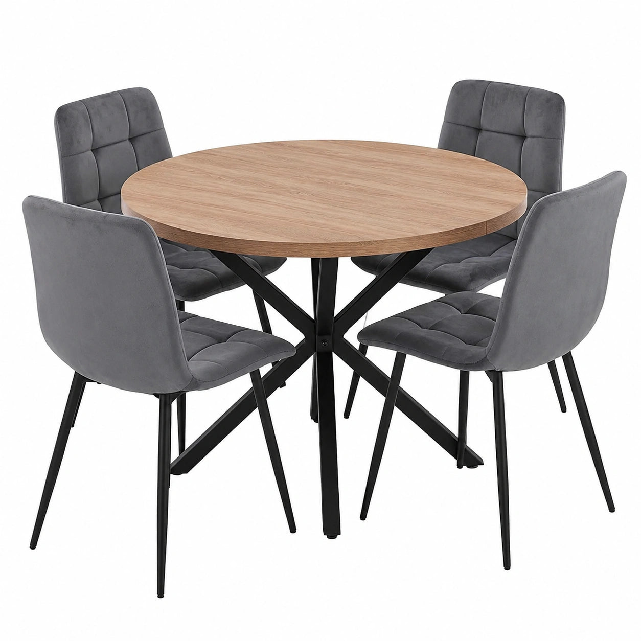 Modernes Esszimmer-Set: Runder Tisch (100 cm) mit 4 Samtstühlen, Hohe Rückenlehne, Hellgrau, Ideal für Küche und Wohnzimmer