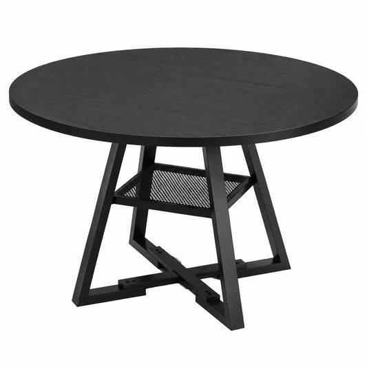 Runder Esstisch für 2-4 Personen, Platzsparender Holztisch im Industriellen Design mit Ablage (Schwarz, 107x107x76cm)